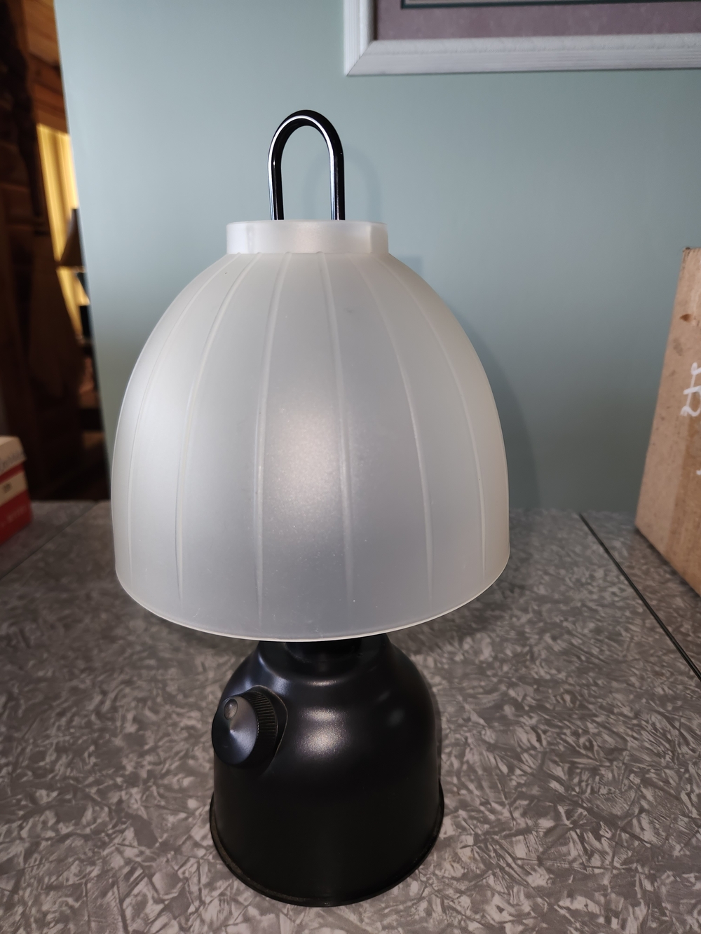 Black Lantern Table Light with Frosted White Shade